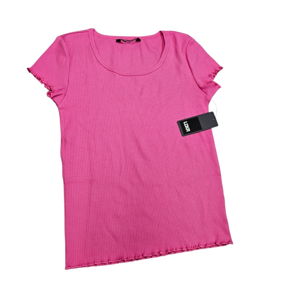 LCKR Ribbed T-Shirt Kids XL 18-20‎ Pink Lettuce Trim Scoop Neck Casual Basic Tee